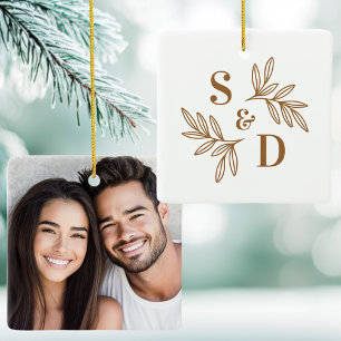 Ornement En Céramique Monogramme de mariage élégant feuilles de verdure