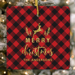 Ornement En Céramique Monogramme de Noël Joyeux Plaid Buffalo