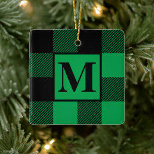 Ornement En Céramique Monogramme de Noël vert et noir de Buffalo plaqué