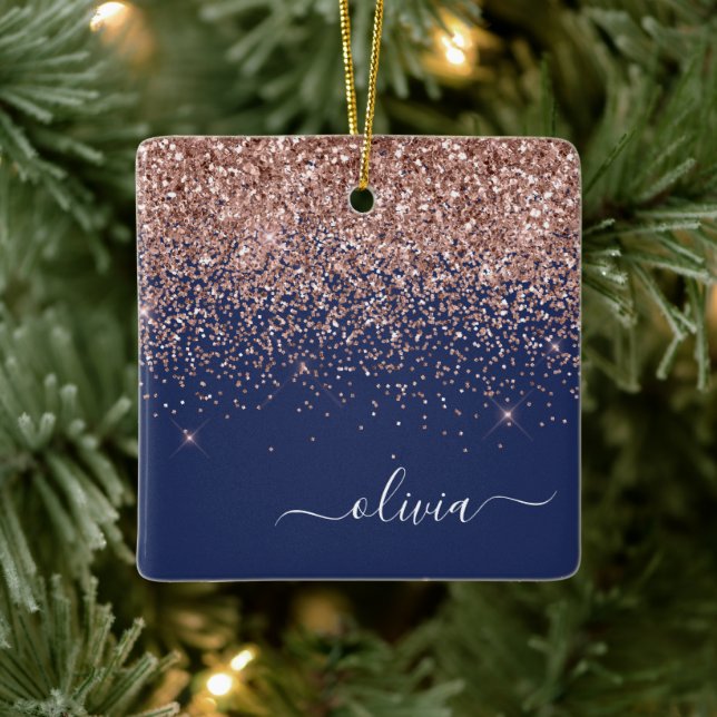 Ornement En Céramique Monogramme de Parties scintillant bleu marine rose (Arbre)
