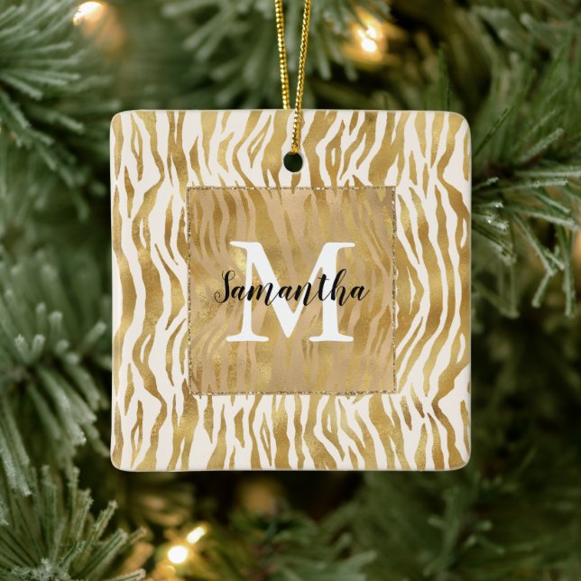 Ornement En Céramique Monogramme d'impression Cream Gold Zebra    (Arbre)