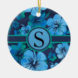 Ornement En Céramique Monogramme floral d'hibiscus tropical bleu vert