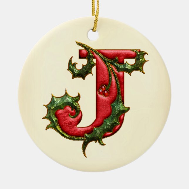 Ornement En Céramique Monogramme J de houx de Noël (Devant)