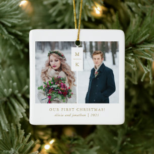 Ornement En Céramique Monogramme moderne Notre premier Noël avec phot
