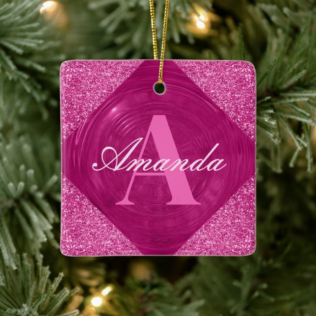 Ornement En Céramique Monogramme moderne Parties scintillant rose (Arbre)