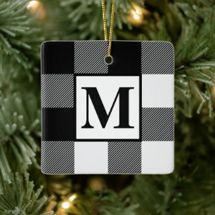 Ornement En Céramique Monogramme noir et blanc Buffalo plaqué Noël