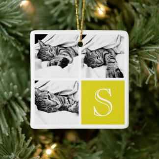 Ornement En Céramique Monogramme photo Collage Instagram jaune et blanc