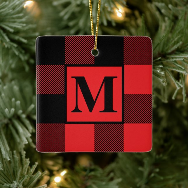 Ornement En Céramique Monogramme Rouge et noir Buffalo plaqué Noël (Arbre)