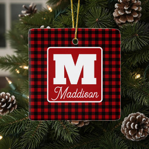Ornement En Céramique Monogramme rouge et noir en plastique Nom Noël