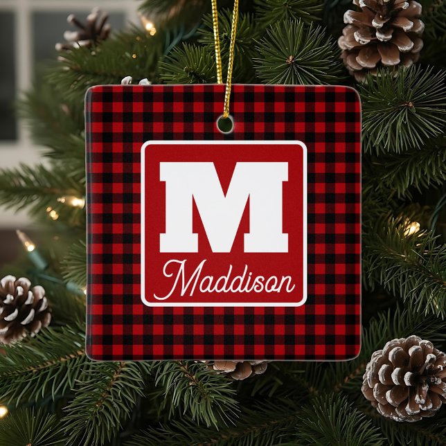 Ornement En Céramique Monogramme rouge et noir en plastique Nom Noël (Créateur téléchargé)