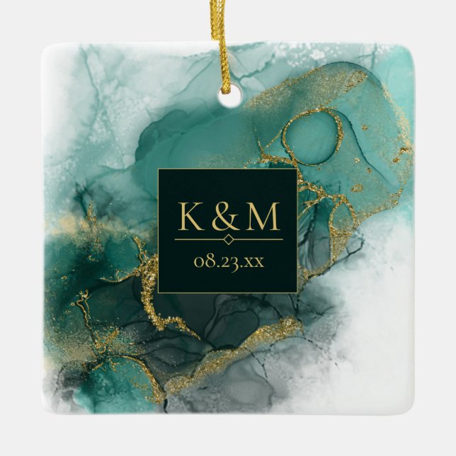 Ornement En Céramique Moody Ink Emerald Gold Abstrait Blk ID988 (Devant)