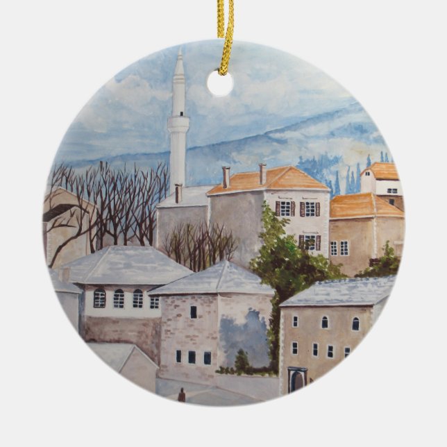 Ornement En Céramique Mostar, Bosnie - Peinture Townscape Acrylique (Devant)
