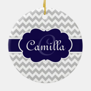 Ornement En Céramique Motif de Navy Blue Monogram Grey Chevron
