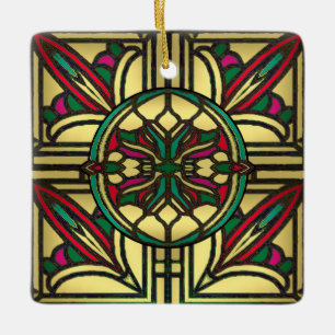Ornement En Céramique Motif de vitrail vintage en or et rouge