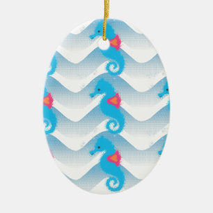 Ornement En Céramique Motif Des Chevaux De Mer Et Des Vagues Bleues