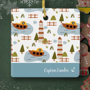 Ornement En Céramique Motif Nautical Lighthouse and Boat Kid Noël