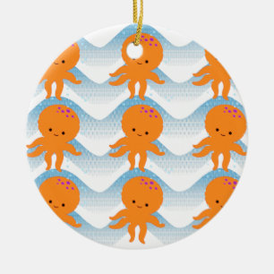 Ornement En Céramique Motif Octopus Orange Et Vagues Bleues