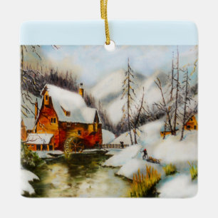 Ornement En Céramique Moulin à eau dans la neige