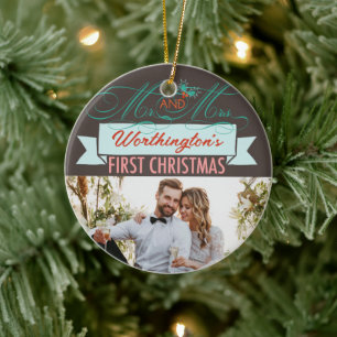 Ornement En Céramique Mr & Mrs First Christmas Mistletoes Mariage photo