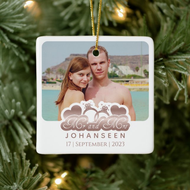 Ornement En Céramique Mr & Mrs Rose moderne Gold Couple Photo Noël (Arbre)