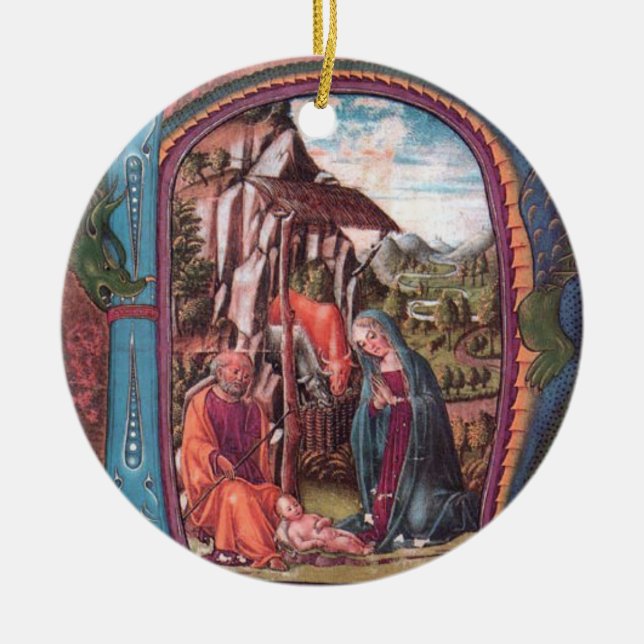 Ornement En Céramique NATIVITÉ CHRISTMAS PARCHMENT MONOGRAM Rose Bleu (Devant)