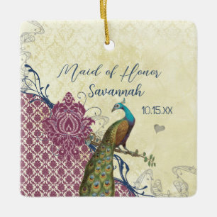 Ornement En Céramique Navy & Berry Berry Elegant Damask Peacock Mariage
