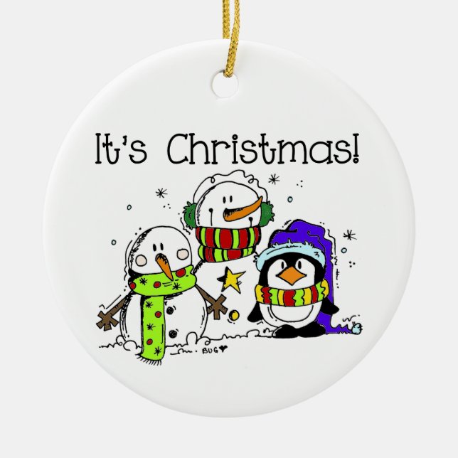 Ornement En Céramique Neiges et pingouins C'est Noël (Devant)