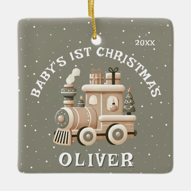 Ornement En Céramique Neutral Baby’s 1st Christmas Train Keepsake Photo (Devant)