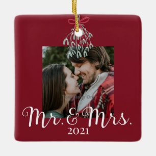 Ornement En Céramique Newlyweds Mr & Mrs Photo Red