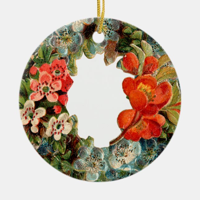 Ornement En Céramique Noël à l'ancienne, couronne de fleurs (Devant)