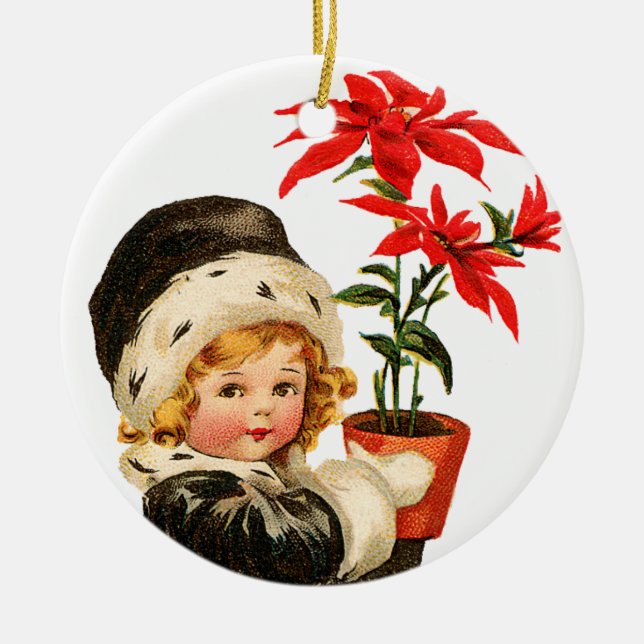 Ornement En Céramique Noël à l'ancienne, Fille tenant Poinsettia (Devant)