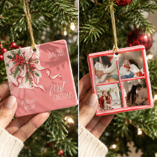 Ornement En Céramique Noël à l'aquarelle Rose & Rouge Ruban Couple Premi