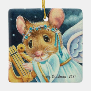 Ornement En Céramique Noël Angel Souris Jouer Lyre Aquarelle Art
