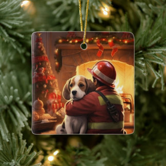 Ornement En Céramique Noël Beagle, Cadeau pour amateur de chiens pompier