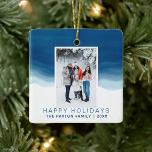 Ornement En Céramique Noël Bleu Aquarelle Photo Joyeuses Fêtes