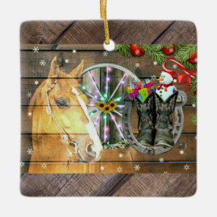 Ornement En Céramique Noël Cheval Wagon Roue Cowboy Bottes Garland