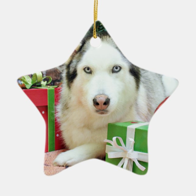 Ornement En Céramique Noël - chien de traîneau sibérien - Juliet (Devant)