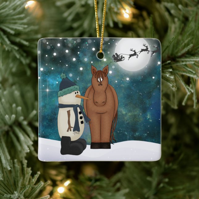 Ornement En Céramique Noël Cute Horse et Snowman personnalisé (Arbre)