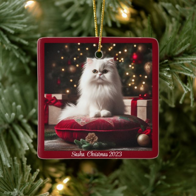 Ornement En Céramique Noël de chat perse blanc (Arbre)