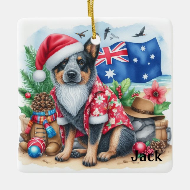Ornement En Céramique Noël de chien de bétail australien personnalisé (Devant)