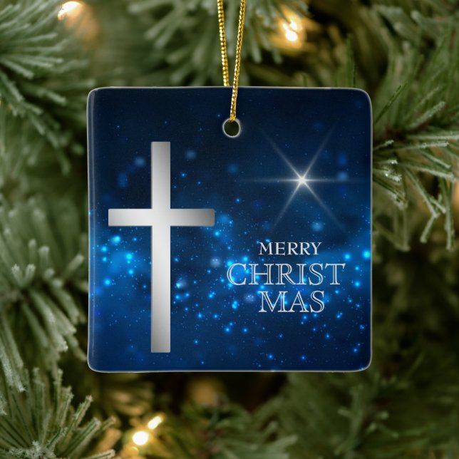 Ornement En Céramique Noël de la Croix d'argent chrétienne étoilée (Arbre)