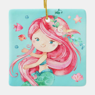 Ornement En Céramique Noël de la sirène rouge haïe mignon personnalisée