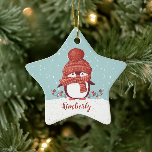 Ornement En Céramique Noël de pingouin personnalisé (Arbre)