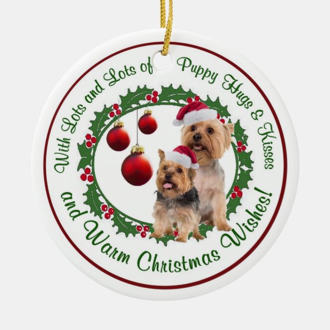 Ornement En Céramique Noël de Terrier soyeux étreint et embrasse (Devant)