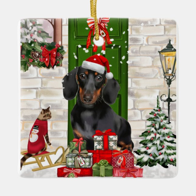 Ornement En Céramique Noël du chien Dachshund (Devant)