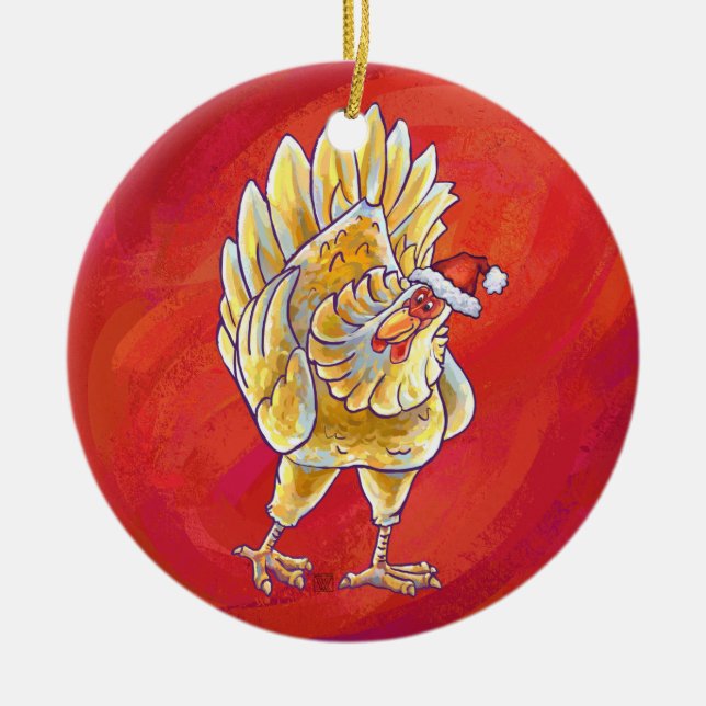Ornement En Céramique Noël Du Poulet Sur Rouge (Devant)