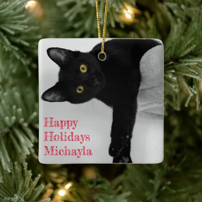 Ornement En Céramique Noël du propriétaire de chat noir personnalisé (Arbre)