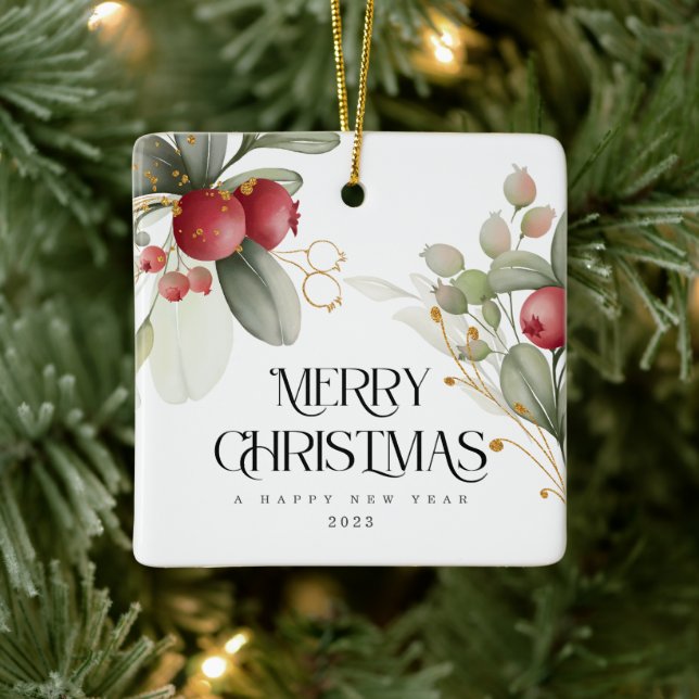 Ornement En Céramique Noël Elegant Aquarelle Berry Classic Round S (Arbre)