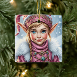 Ornement En Céramique Noël festif des elfes roses adorables