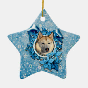 Ornement En Céramique Noël - flocons de neige bleus - chien de traînea